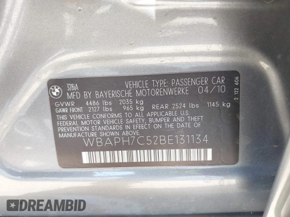2011 BMW 3 Series 328i with VIN WBAPH7C52BE131134, listed as a IAAI auction lot 42114364 with 145,956 mi miles and . Bid and sale history available at carsss.com. Image 9.