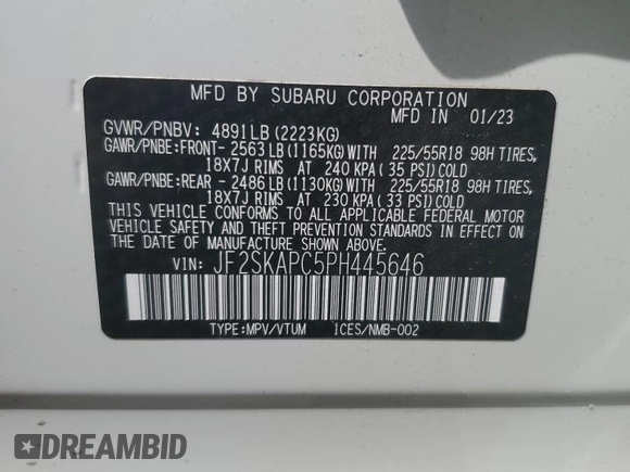 2023 Subaru Forester Limited with VIN JF2SKAPC5PH445646, listed as a Copart auction lot 56233545 with 13,187 mi miles and Salvage title. Bid and sale history available at DreamBid. Image 12.