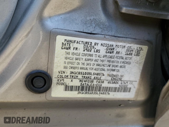 2005 Nissan Sentra S z VIN 3N1CB51D35L548576, wystawiony jako Copart lot #57654175 z przebiegiem 146 193 mil mil oraz Szkoda całkowita • Salvage title. Historia ofert i sprzedaży dostępna na DreamBid. Obrazek 12.