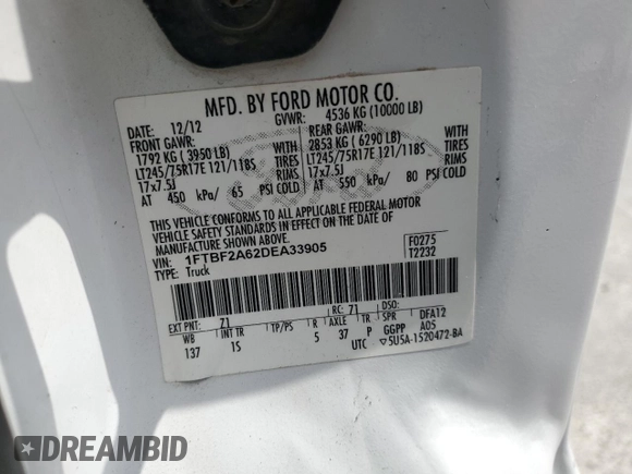 2013 Ford F-250 XL with VIN 1FTBF2A62DEA33905, listed as a Copart auction lot 54622635 with 362,145 mi miles and Clean Title. Bid and sale history available at DreamBid. Image 12.