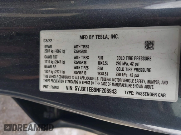 2022 Tesla Model 3 Long Range with VIN 5YJ3E1EB9NF206943, listed as a IAAI auction lot 41911040 with 69,920 mi miles and . Bid and sale history available at DreamBid. Image 9.
