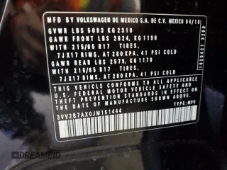 2018 Volkswagen Tiguan SEL с VIN 3VV2B7AX0JM151444, выставлен на аукционе Copart как лот 55907855 с пробегом 62 491 миль миль и Списание • Salvage title. История ставок и продаж доступна на DreamBid. Изображение 13.