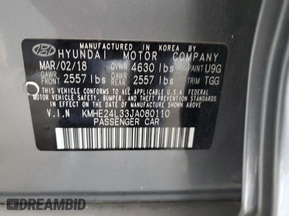 2018 Hyundai Sonata Hybrid SE with VIN KMHE24L33JA080110, listed as a Copart auction lot 61442173 with 43,398 mi miles. Bid and sale history available at carsss.com. Image 13.