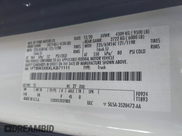 2020 Ford Transit Cargo with VIN 1FTBW3X8XLKB71111, listed as a IAAI auction lot 41638622 with 114,526 mi miles and . Bid and sale history available at DreamBid. Image 9.
