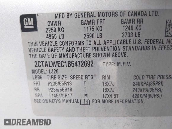 2011 GMC Terrain SLT-2 with VIN 2CTALWEC1B6472692, listed as a IAAI auction lot 41226868 with 182,219 mi miles and . Bid and sale history available at carsss.com. Image 9.