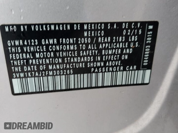2015 Volkswagen Jetta S with VIN 3VW1K7AJ2FM303265, listed as a Copart auction lot 51550585 with 79,378 mi miles and Salvage title. Bid and sale history available at DreamBid. Image 12.