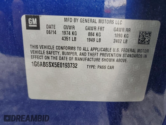 2014 Cadillac ATS Luxury RWD with VIN 1G6AB5SX5E0193732, listed as a Copart auction lot 50303705 with 73,565 mi miles and Salvage Title. Bid and sale history available at carsss.com. Image 14.