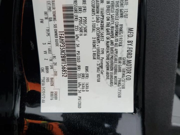 2008 Ford Focus SE with VIN 1FAHP35N28W156852, listed as a Copart auction lot 54355025 with 162,188 mi miles and Salvage Title. Bid and sale history available at DreamBid. Image 12.
