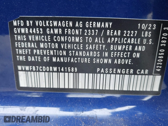 2024 Volkswagen Golf z VIN WVWFB7CD0RW141589, wystawiony jako IAAI lot #41407136 z przebiegiem 3 532 mil mil oraz . Historia ofert i sprzedaży dostępna na DreamBid. Obrazek 9.