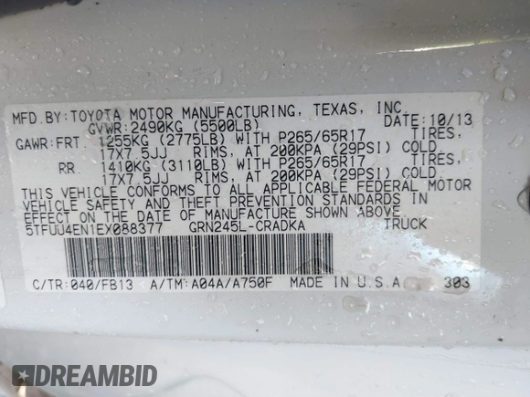 2014 Toyota Tacoma with VIN 5TFUU4EN1EX088377, listed as a IAAI auction lot 41443682 with 67,185 mi miles and . Bid and sale history available at DreamBid. Image 9.