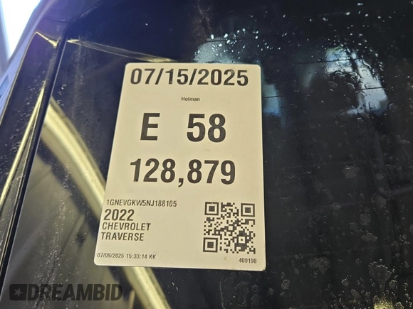 2022 Chevrolet Traverse LT Cloth with VIN 1GNEVGKW5NJ188105, listed as a IAAI auction lot 42774210 with 128,879 mi miles and . Bid and sale history available at DreamBid. Image 31.