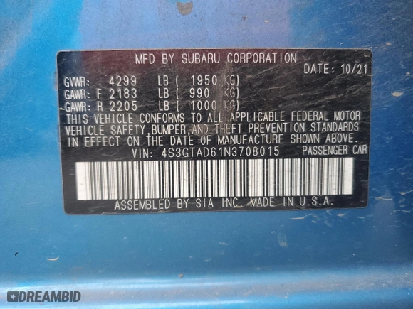 2022 Subaru Impreza Premium with VIN 4S3GTAD61N3708015, listed as a Copart auction lot 44460565 with 22,262 mi miles and Salvage Title. Bid and sale history available at carsss.com. Image 12.