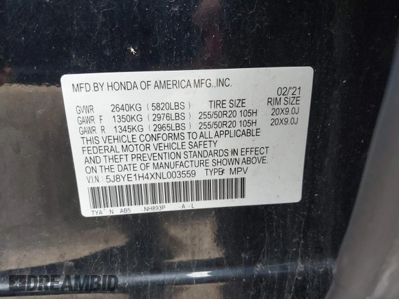 2022 Acura MDX Technology with VIN 5J8YE1H4XNL003559, listed as a IAAI auction lot 42232731 with 50,642 mi miles and . Bid and sale history available at DreamBid. Image 9.