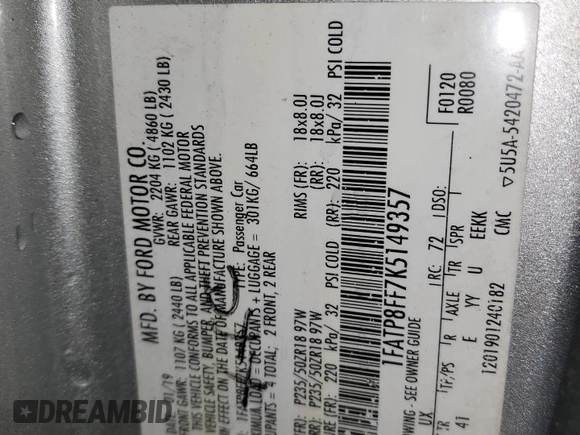 2019 Ford Mustang GT Premium with VIN 1FATP8FF7K5149357, listed as a Copart auction lot 45754055 with Not provided miles and Clean title. Bid and sale history available at DreamBid. Image 12.