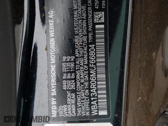 2021 BMW 4 Series M440i xDrive with VIN WBA13AR06MCF66804, listed as a Copart auction lot 50761734 with Not Provided miles and Salvage Title. Bid and sale history available at DreamBid. Image 13.