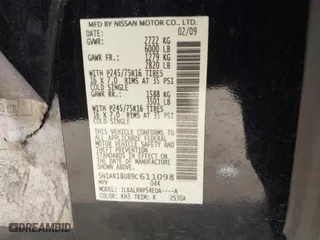 2009 Nissan Pathfinder SE with VIN 5N1AR18U89C611098, listed as a IAAI auction lot 41833617 with 202,680 mi miles. Bid and sale history available at carsss.com. Image 9.