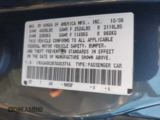 2007 Acura TL with VIN 19UUA66287A003714, listed as a IAAI auction lot 41490326 with 1 mi miles. Bid and sale history available at carsss.com. Image 9.