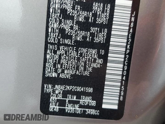 2012 Nissan Quest LE z VIN JN8AE2KP2C9041598, wystawiony jako Copart lot #58874165 z przebiegiem 99 735 mil mil oraz Nie do naprawy • Non repairable. Historia ofert i sprzedaży dostępna na DreamBid. Obrazek 14.