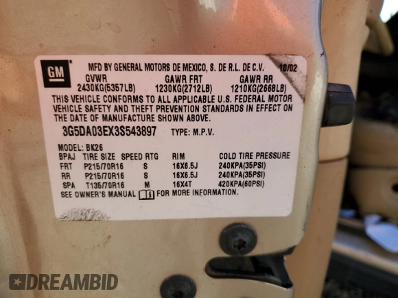 2003 Buick Rendezvous CXL with VIN 3G5DA03EX3S543897, listed as a Copart auction lot 44838675 with Not Provided miles and Salvage Title. Bid and sale history available at DreamBid. Image 14.