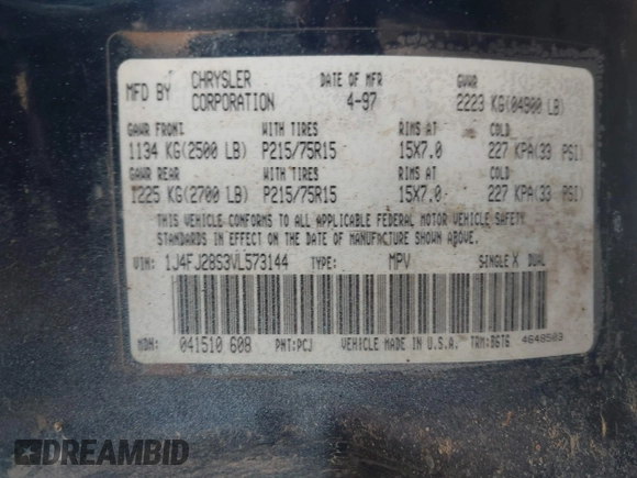 1997 Jeep Cherokee SE z VIN 1J4FJ28S3VL573144, wystawiony jako IAAI lot #41965201 z przebiegiem 298 276 mil mil oraz . Historia ofert i sprzedaży dostępna na DreamBid. Obrazek 9.