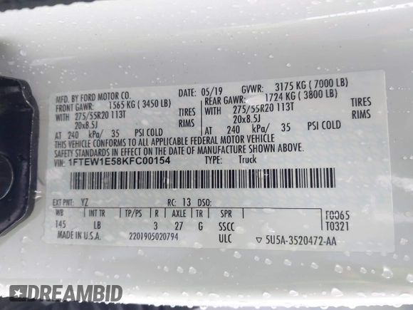 2019 Ford F-150 XL with VIN 1FTEW1E58KFC00154, listed as a IAAI auction lot 41051975 with 57,746 mi miles and . Bid and sale history available at DreamBid. Image 8.