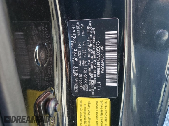 2010 Hyundai Genesis Coupe with VIN KMHHU6KH0AU035673, listed as a Copart auction lot 54561415 with 109,084 mi miles and Salvage title. Bid and sale history available at DreamBid. Image 12.