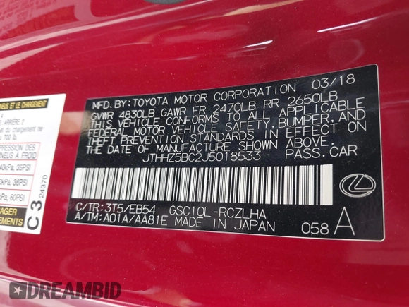2018 Lexus RC with VIN JTHHZ5BC2J5018533, listed as a IAAI auction lot 41639355 with 68,657 mi miles. Bid and sale history available at carsss.com. Image 9.