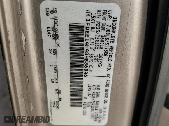 1995 Ford Econoline Cargo with VIN 1FDEE14H4SHB36046, listed as a Copart auction lot 88537635 with Not Provided miles and Non Repairable. Bid and sale history available at DreamBid. Image 14.
