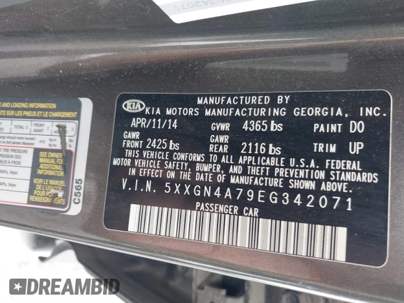 2014 Kia Optima EX with VIN 5XXGN4A79EG342071, listed as a IAAI auction lot 41732824 with Not Provided miles and . Bid and sale history available at carsss.com. Image 9.