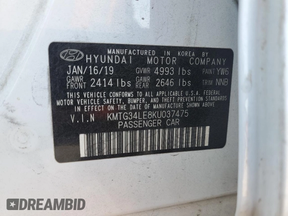 2019 Genesis G70 Dynamic with VIN KMTG34LE8KU037475, listed as a Copart auction lot 75364654 with 45,727 mi miles and Salvage Title. Bid and sale history available at DreamBid. Image 14.