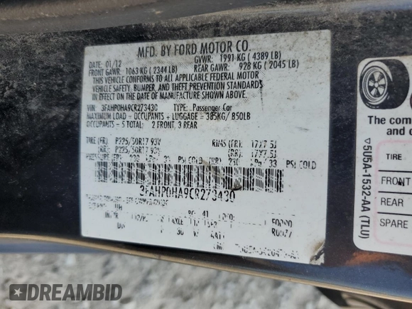2012 Ford Fusion SE z VIN 3FAHP0HA9CR273430, wystawiony jako Copart lot #62766575 z przebiegiem 212 399 mil mil oraz Szkoda całkowita • Salvage title. Historia ofert i sprzedaży dostępna na DreamBid. Obrazek 15.