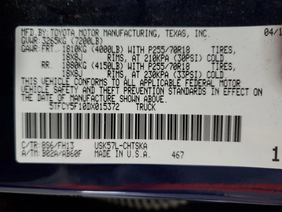 2013 Toyota Tundra 4WD Truck with VIN 5TFCY5F10DX015372, listed as a Copart auction lot 48805135 with 140,340 mi miles and Salvage Title. Bid and sale history available at carsss.com. Image 12.