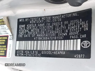 2007 Toyota Avalon XL z VIN 4T1BK36B47U181597, wystawiony jako IAAI lot #42379153 z przebiegiem 172 022 mil mil oraz . Historia ofert i sprzedaży dostępna na DreamBid. Obrazek 9.