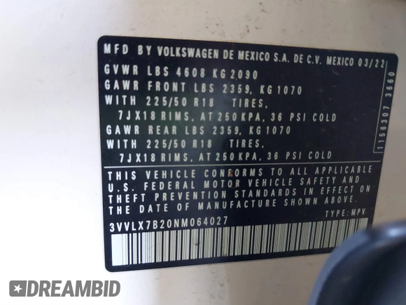 2022 Volkswagen Taos SE z VIN 3VVLX7B20NM064027, wystawiony jako IAAI lot #40429741 z przebiegiem 31 290 mil mil oraz . Historia ofert i sprzedaży dostępna na DreamBid. Obrazek 9.