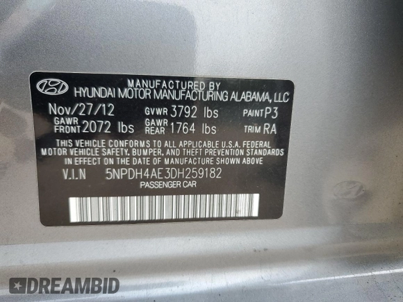 2013 Hyundai Elantra GLS с VIN 5NPDH4AE3DH259182, выставлен на аукционе Copart как лот 59868145 с пробегом 180 028 миль миль и Списание • Salvage title. История ставок и продаж доступна на DreamBid. Изображение 12.
