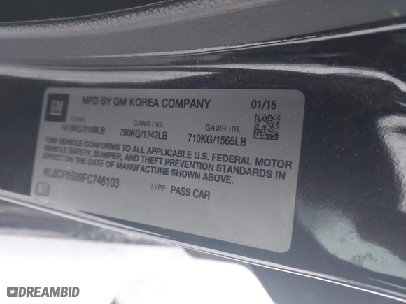 2015 Chevrolet Spark LT with VIN KL8CF6S99FC746103, listed as a IAAI auction lot 41310609 with 160,283 mi miles. Bid and sale history available at carsss.com. Image 9.