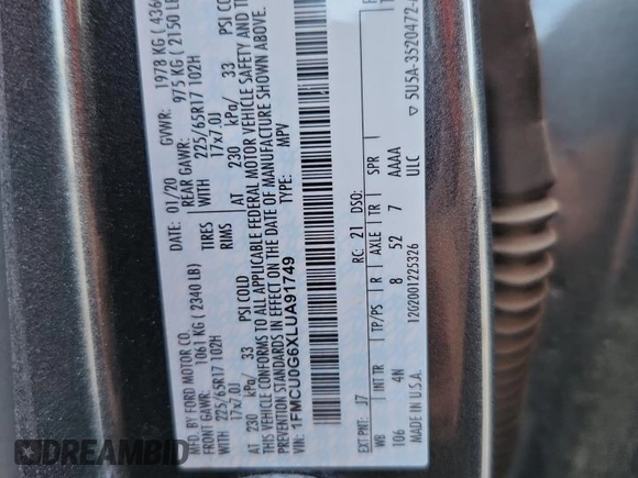2020 Ford Escape SE z VIN 1FMCU0G6XLUA91749, wystawiony jako Copart lot #62072405 z przebiegiem 87 920 mil mil oraz Szkoda całkowita • Salvage title. Historia ofert i sprzedaży dostępna na DreamBid. Obrazek 14.