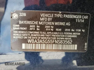 2015 BMW 3 Series 328i with VIN WBA3A5G55FNS83562, listed as a Copart auction lot 63014885 with 85,955 mi miles and Non repairable. Bid and sale history available at DreamBid. Image 12.