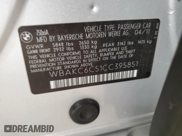 2012 BMW 7 Series 750i xDrive с VIN WBAKC6C51CC395851, выставлен на аукционе Copart как лот 56917905 с пробегом 138 308 миль миль и Чистый • Clean title. История ставок и продаж доступна на DreamBid. Изображение 12.