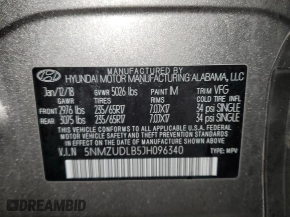 2018 Hyundai Santa Fe 2.4L with VIN 5NMZUDLB5JH096340, listed as a Copart auction lot 61038095 with 114,993 mi miles and Salvage title. Bid and sale history available at DreamBid. Image 13.