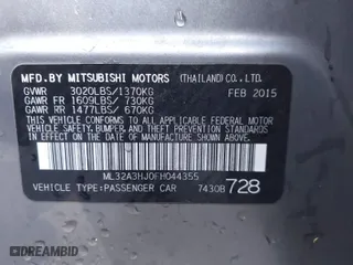 2015 Mitsubishi Mirage DE with VIN ML32A3HJ0FH044355, listed as a IAAI auction lot 41410003 with 74,800 mi miles. Bid and sale history available at carsss.com. Image 9.