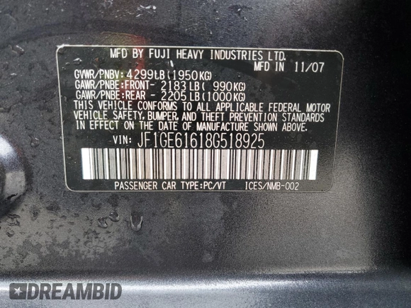2008 Subaru Impreza i с VIN JF1GE61618G518925, выставлен на аукционе Copart как лот 54717995 с пробегом 216 853 миль миль и Списание • Salvage title. История ставок и продаж доступна на DreamBid. Изображение 12.