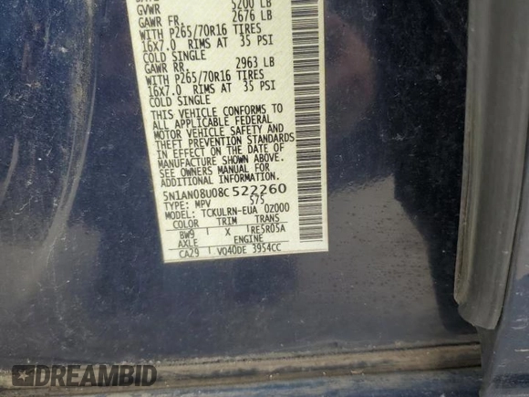 2008 Nissan Xterra S z VIN 5N1AN08U08C522260, wystawiony jako Copart lot #57504085 z przebiegiem 136 129 mil mil oraz Tytuł czysty. Historia ofert i sprzedaży dostępna na DreamBid. Obrazek 13.