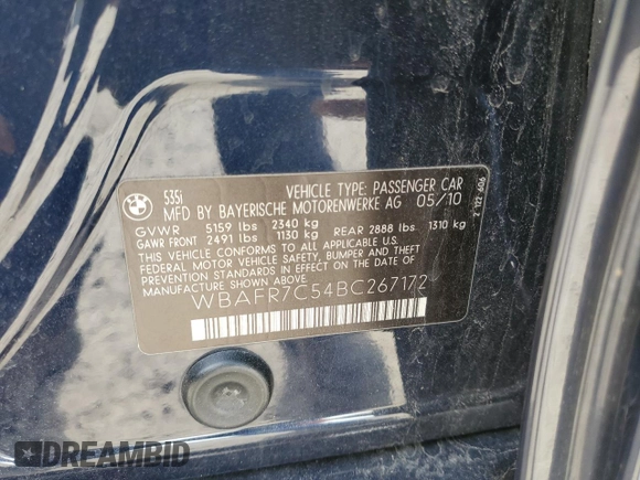 2011 BMW 5 Series 535i with VIN WBAFR7C54BC267172, listed as a Copart auction lot 52370425 with 131,189 mi miles and Clean Title. Bid and sale history available at carsss.com. Image 12.