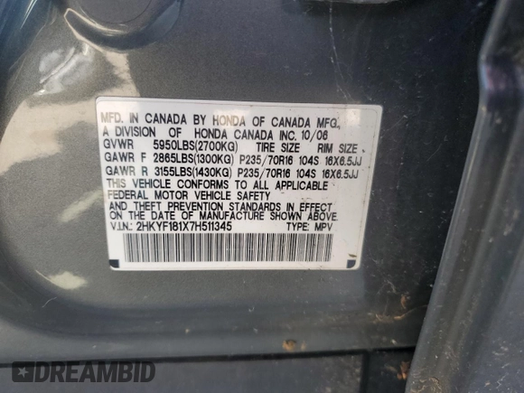 2007 Honda Pilot LX z VIN 2HKYF181X7H511345, wystawiony jako Copart lot #57652745 z przebiegiem Nie podano mil oraz Czysty tytuł • Clean title. Historia ofert i sprzedaży dostępna na DreamBid. Obrazek 13.