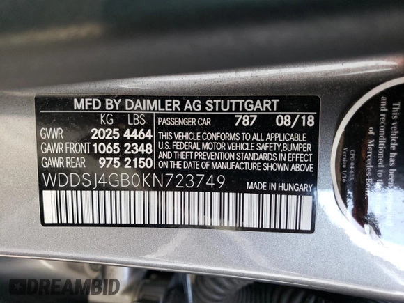 2019 Mercedes-Benz CLA 250 with VIN WDDSJ4GB0KN723749, listed as a Copart auction lot 49449684 with 28,773 mi miles and . Bid and sale history available at DreamBid. Image 13.