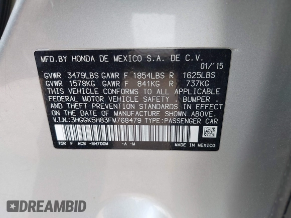2015 Honda Fit EX-L with VIN 3HGGK5H83FM768479, listed as a IAAI auction lot 42576177 with 120,072 mi miles and . Bid and sale history available at DreamBid. Image 9.
