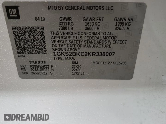 2019 GMC Yukon SLT with VIN 1GKS2BKC2KR338007, listed as a Copart auction lot 82336394 with 105,087 mi miles and Salvage Title. Bid and sale history available at carsss.com. Image 15.