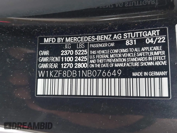 2022 Mercedes-Benz E-Class E 350 with VIN W1KZF8DB1NB076649, listed as a IAAI auction lot 42004436 with 53,395 mi miles. Bid and sale history available at carsss.com. Image 9.