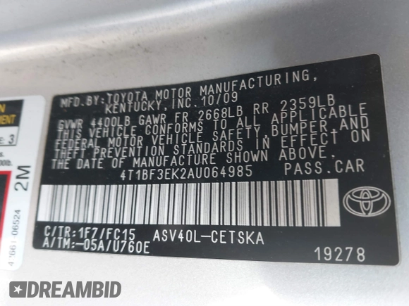 2010 Toyota Camry with VIN 4T1BF3EK2AU064985, listed as a IAAI auction lot 41666234 with 162,597 mi miles and . Bid and sale history available at DreamBid. Image 9.
